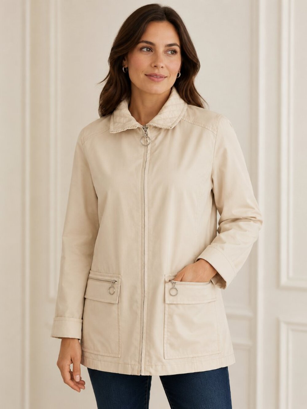 Weather Tamer Women’s M Beige Lightweight Jacket Ring Zip Polka Dot Lining